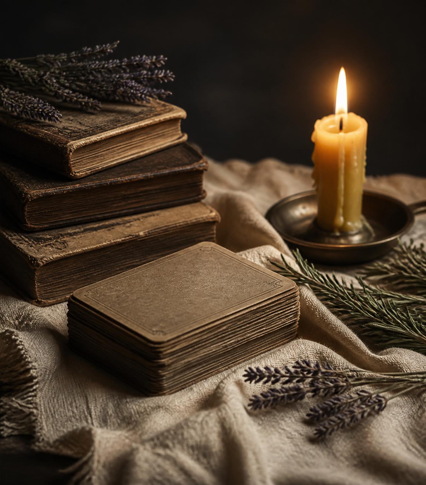Cards, candle, and altar cloth in soft light